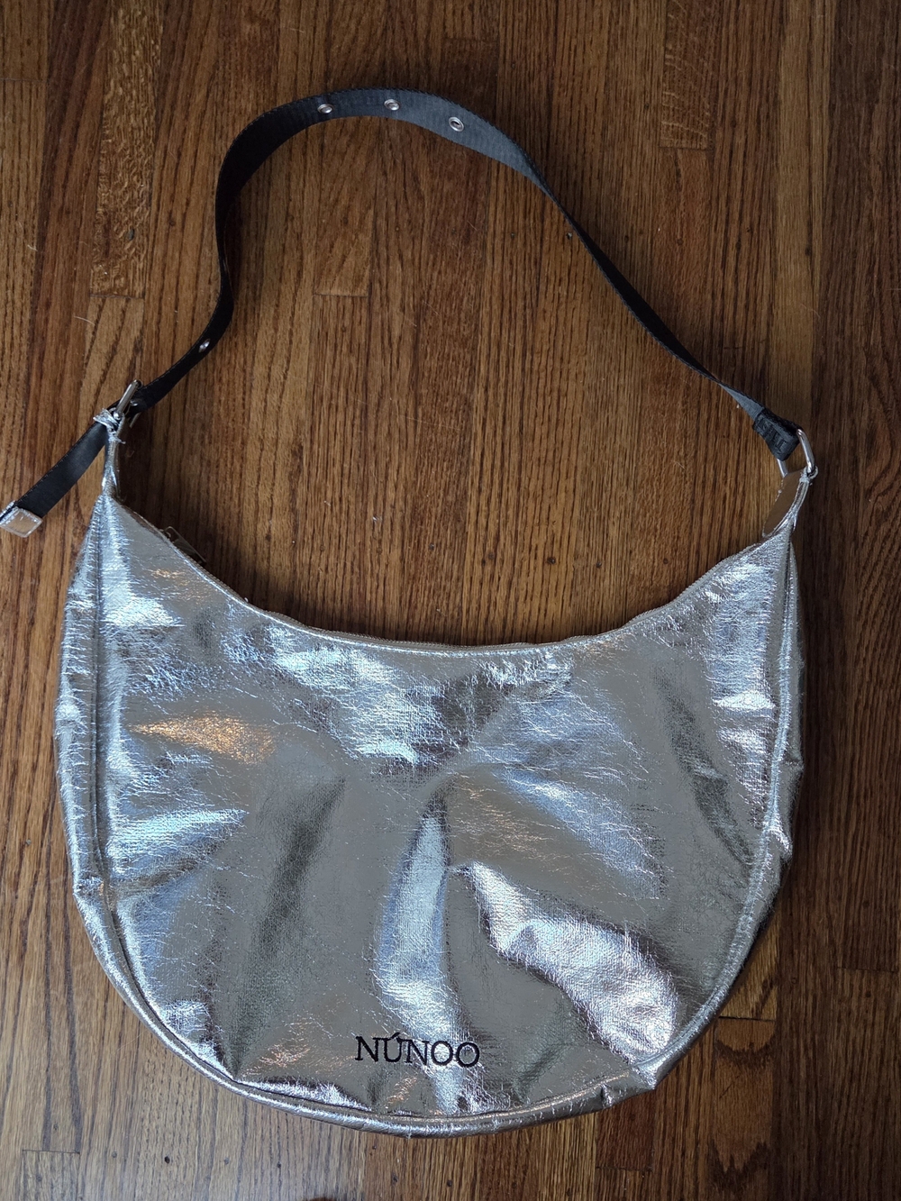 Nunoo Silver Metallic Shoulder Bag with Black Strap